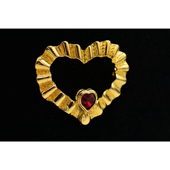 Vintage Heart Pin Brooch Red Rhinestone Crystal Gold Statement 1980s Bin1 - Picture 4 of 11